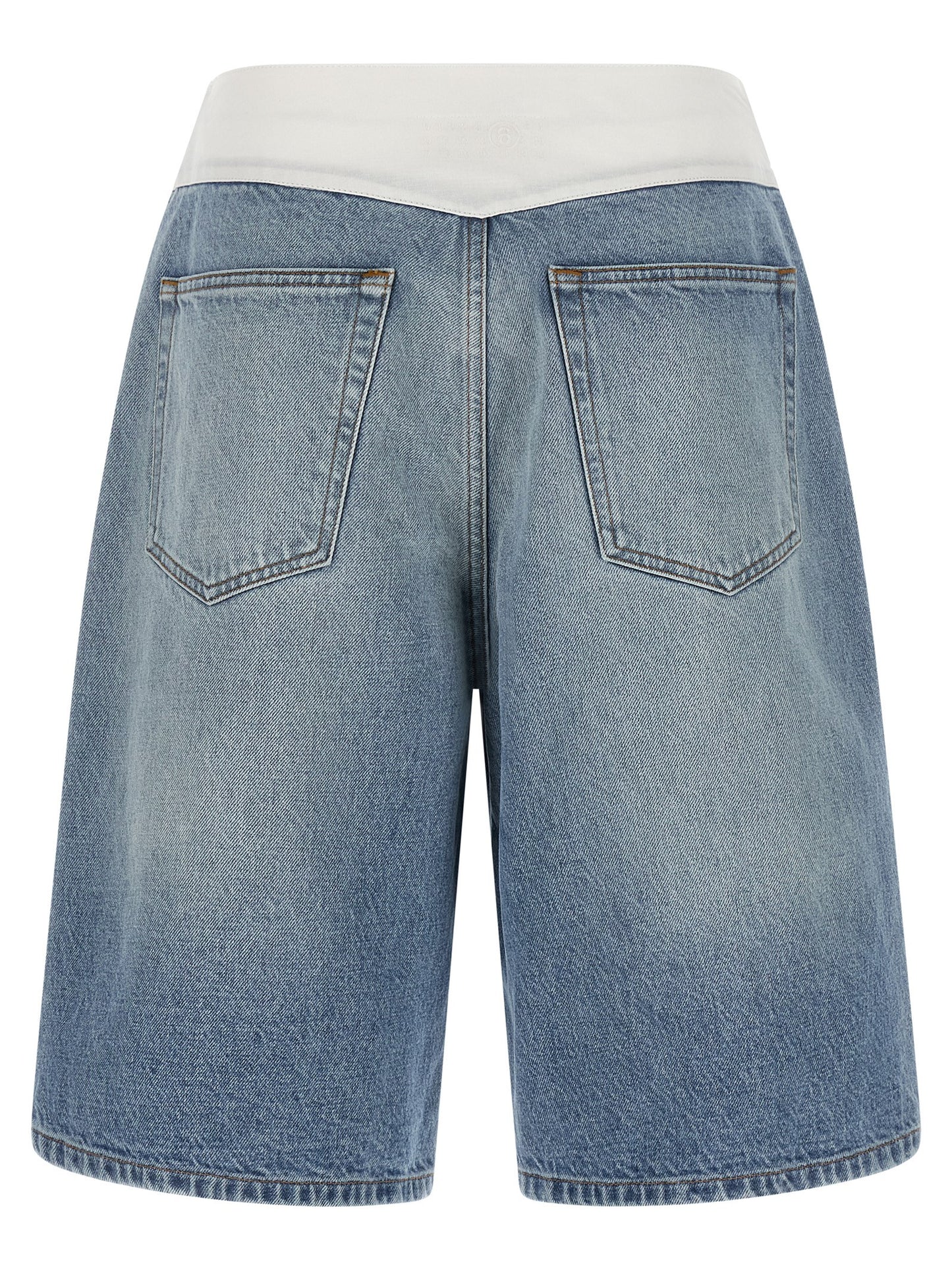 Denim Shorts by MM6 Maison Margiela for women in denim cotton light-blue, white & signature features an utilitarian chic with a short and , creating a utilitarian chic silhouette perfect for elevated casual styling.