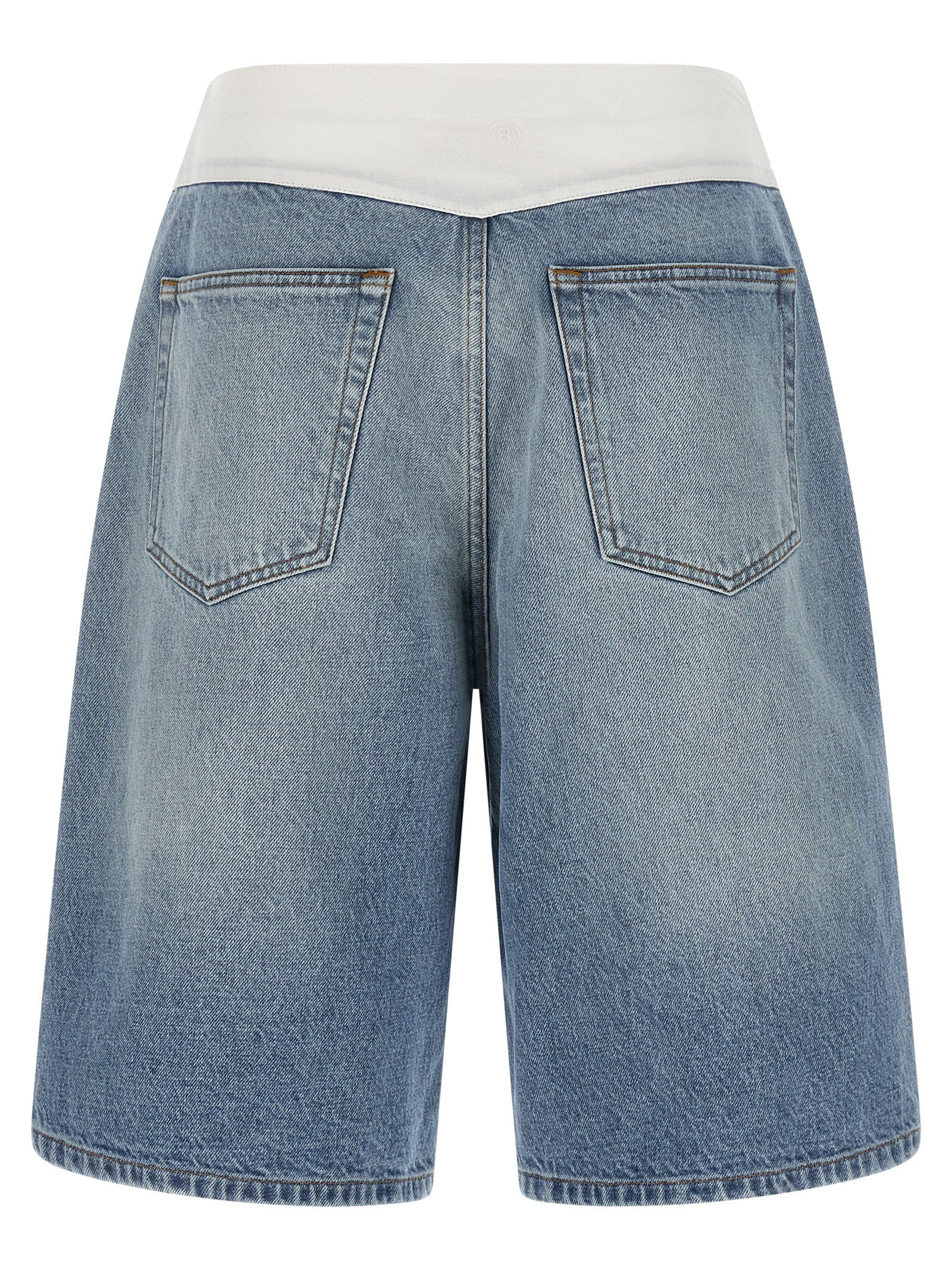 Denim Shorts by MM6 Maison Margiela for women in denim cotton light-blue, white & signature features an utilitarian chic with a short and , creating a utilitarian chic silhouette perfect for elevated casual styling.