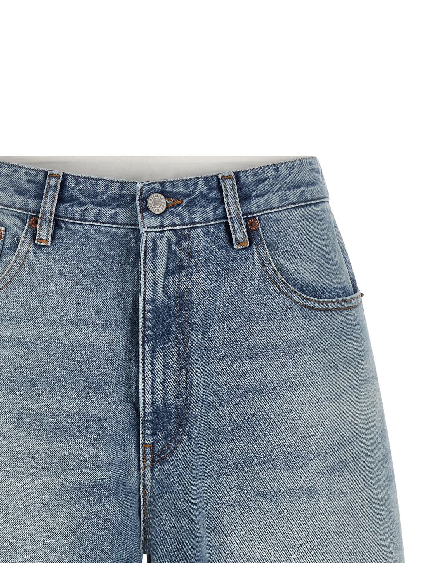 Denim Shorts by MM6 Maison Margiela for women in denim cotton light-blue, white & signature presents a utilitarian silhouette, showcasing a utilitarian with a short and .