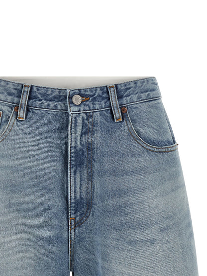 Denim Shorts by MM6 Maison Margiela for women in denim cotton light-blue, white & signature presents a utilitarian silhouette, showcasing a utilitarian with a short and .