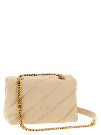 Mini 2-in-1 Shoulder & Crossbody Flap Handbag by PINKO for women in nappa & suede lamb leather beige & signature features a multifaceted silhouette, showcasing a secure flap, magnetic & buckle and multifaceted with versatile crossbody-strap & shoulder-strap for multifaceted style.