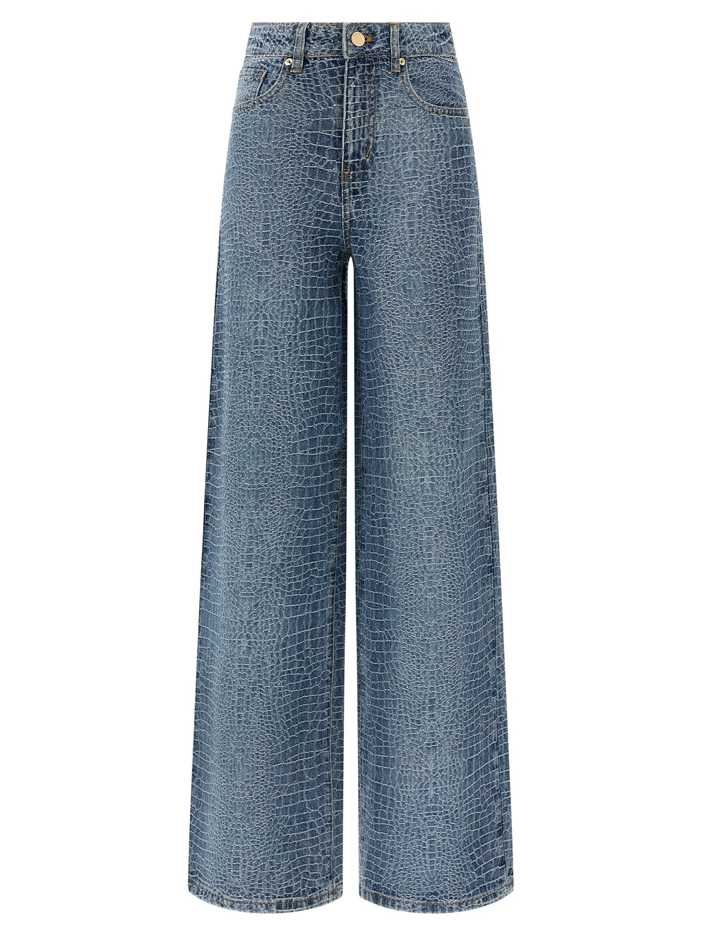 Jeans by Self-Portrait for women in denim cotton & crocodile skin leather blue, transparent & print features a polished silhouette with a polished straight-leg & wide, reaching a polished long and finished with a polished .