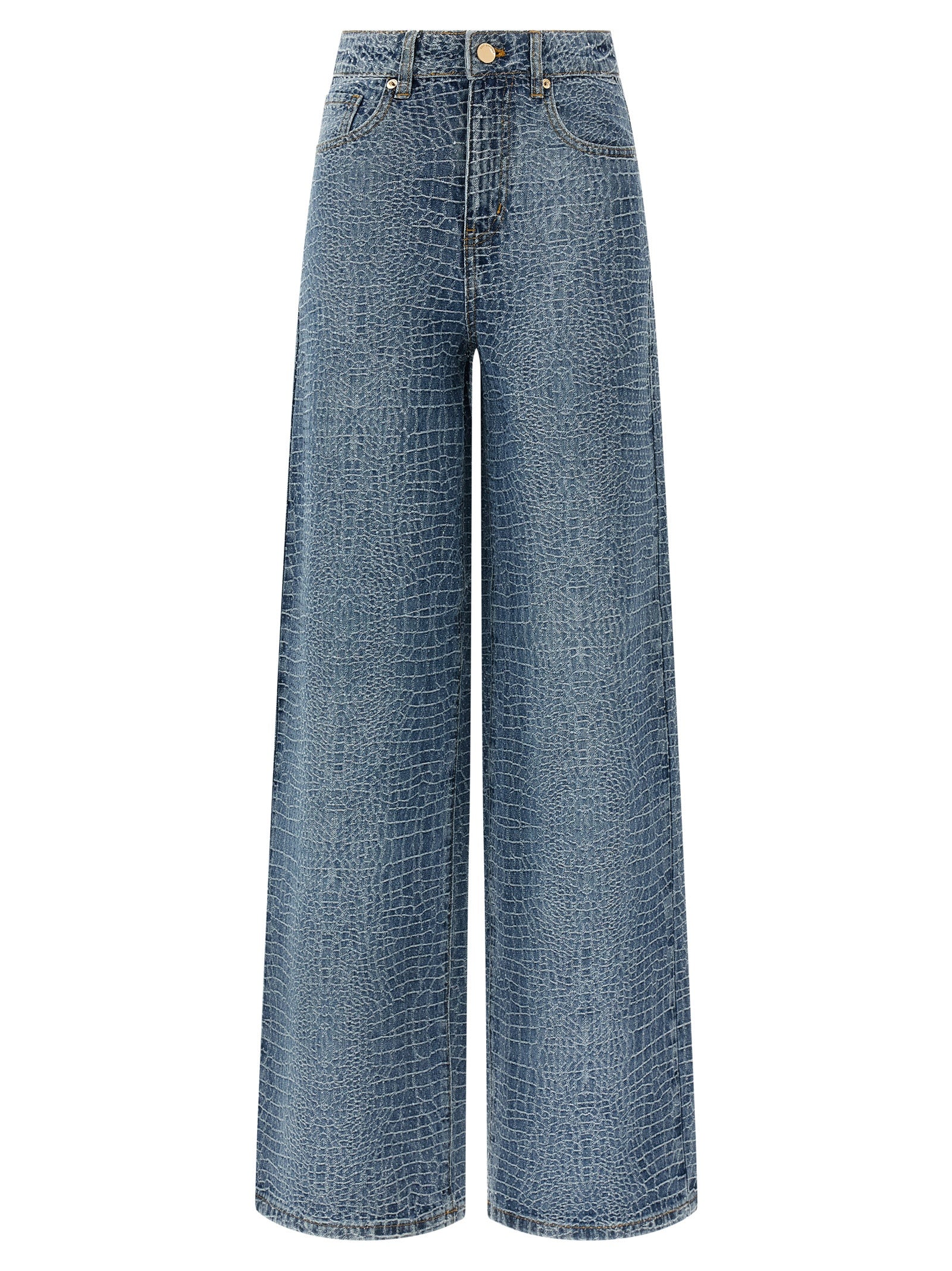 Jeans by Self-Portrait for women in denim cotton & crocodile skin leather blue, transparent & print features a polished silhouette with a polished straight-leg & wide, reaching a polished long and finished with a polished .
