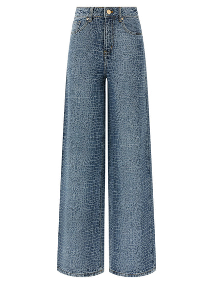 Jeans by Self-Portrait for women in denim cotton & crocodile skin leather blue, transparent & print features a polished silhouette with a polished straight-leg & wide, reaching a polished long and finished with a polished .