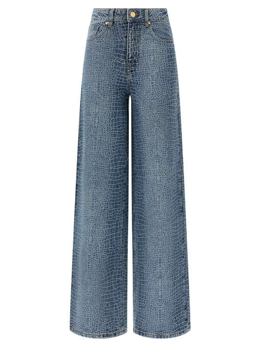 Jeans by Self-Portrait for women in denim cotton & crocodile skin leather blue, transparent & print features a polished silhouette with a polished straight-leg & wide, reaching a polished long and finished with a polished .