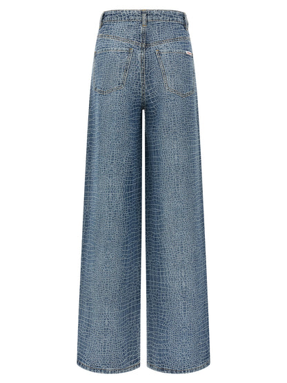 Jeans by Self-Portrait for women in denim cotton & crocodile skin leather blue, transparent & print features an sartorial straight-leg & wide and long with a cut for a sartorial finish.