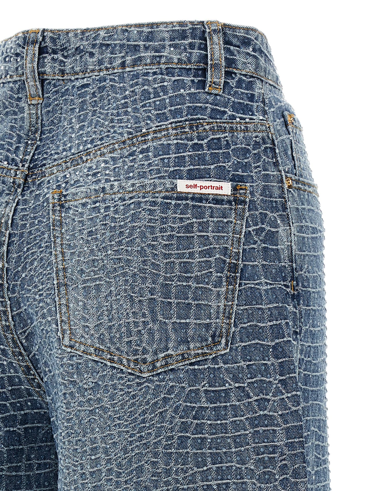 Jeans by Self-Portrait for women in denim cotton & crocodile skin leather blue, transparent & print features an sophisticated and straight-leg & wide with a precise long, creating a sophisticated and sophisticated silhouette.