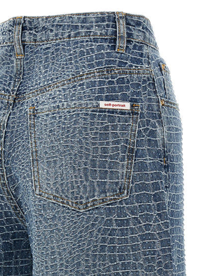 Jeans by Self-Portrait for women in denim cotton & crocodile skin leather blue, transparent & print features an sophisticated and straight-leg & wide with a precise long, creating a sophisticated and sophisticated silhouette.