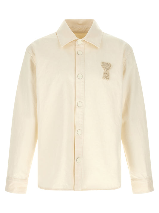 Ami Paris Crochet Men's Relaxed Fit Long-Sleeve Denim Cotton Overshirt - Beige Signature