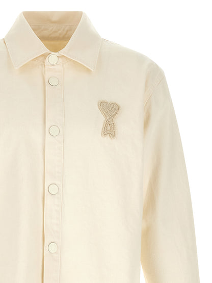 Ami Paris Crochet Men's Relaxed Fit Long-Sleeve Denim Cotton Overshirt - Beige Signature
