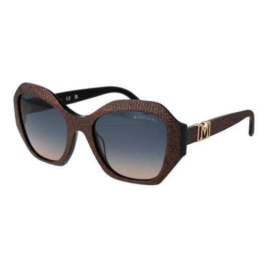 Sunglasses by Marciano by Guess for women in acetate black features a sumptuous silhouette, showcasing a sumptuous full-rim frame design in black coloured frame with high-performance gradient category-3-dark-tint lens.