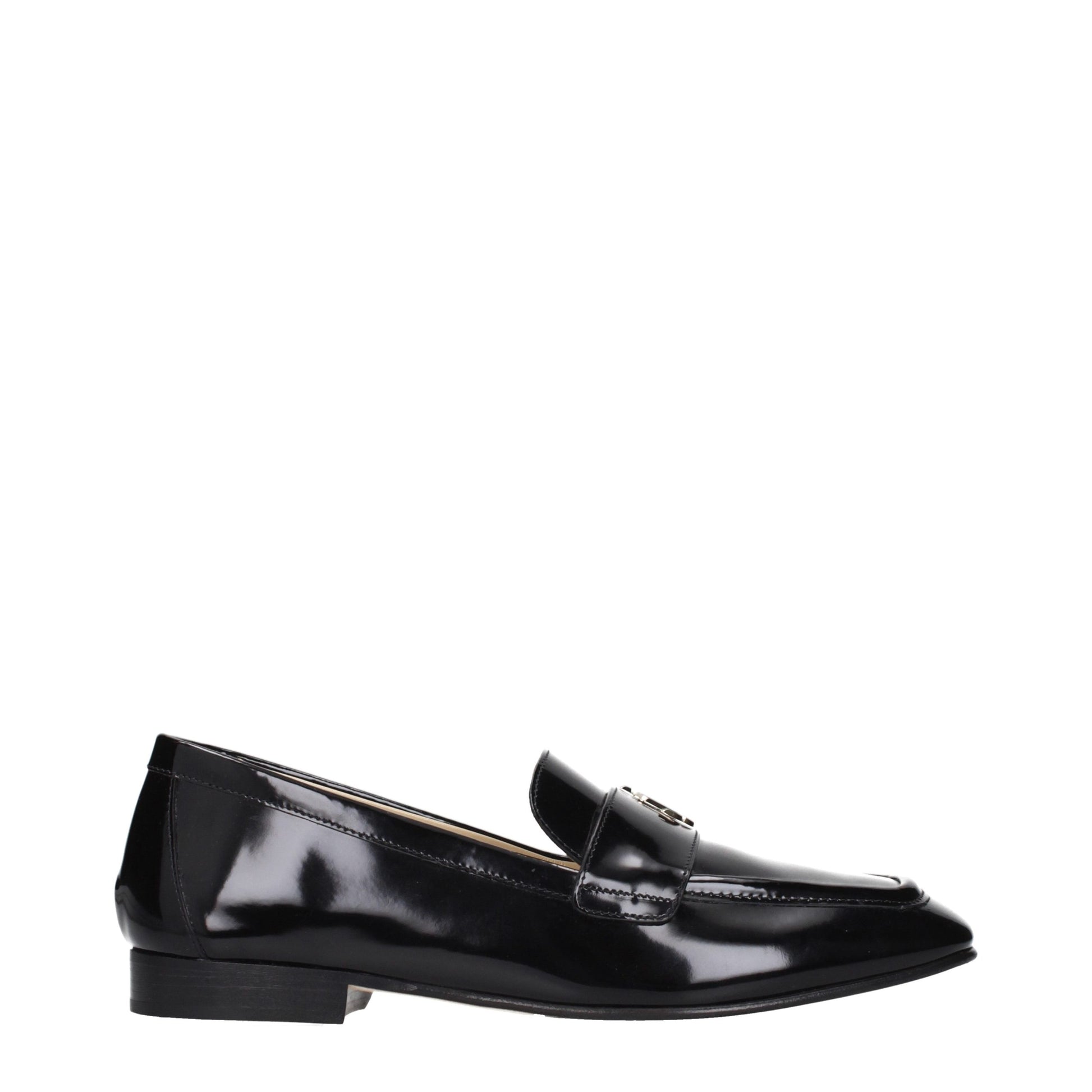 Flat Loafer Slip-On Shoes by Jimmy Choo for women in leather black features an effortless chic silhouette, showcasing the Women's Leather Flat Loafer Slip-On Shoes design with an effortless chic flat and a for a effortless chic look.