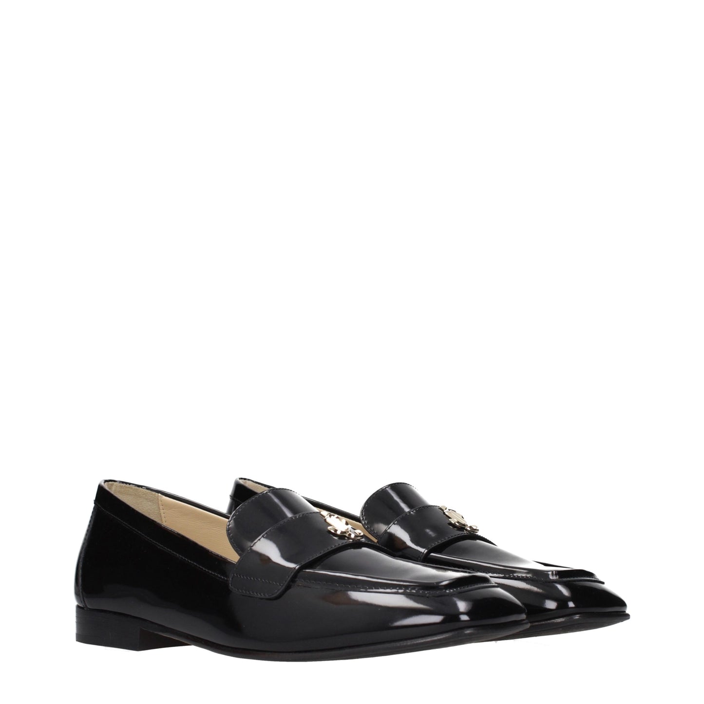 Flat Loafer Slip-On Shoes by Jimmy Choo for women in leather black showcases a impeccable silhouette as Women's Leather Flat Loafer Slip-On Shoes, artfully designed with a impeccable flat and refined for a impeccable finish.