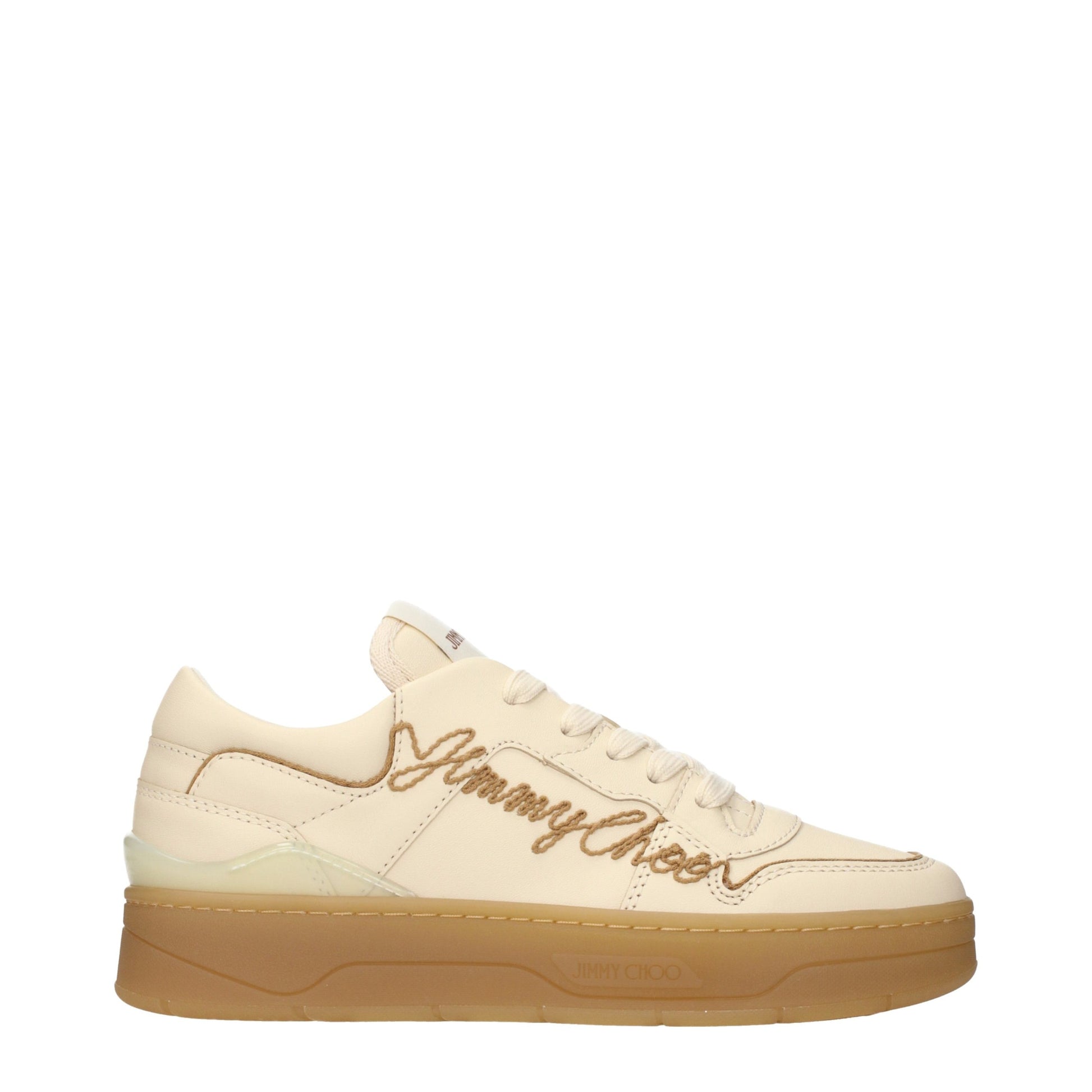 Sneakers by Jimmy Choo for women in leather beige presents a impeccable silhouette as Women's Low Top Leather Sneakers, expertly defined by a impeccable low-top style for a impeccable, high-fashion look.