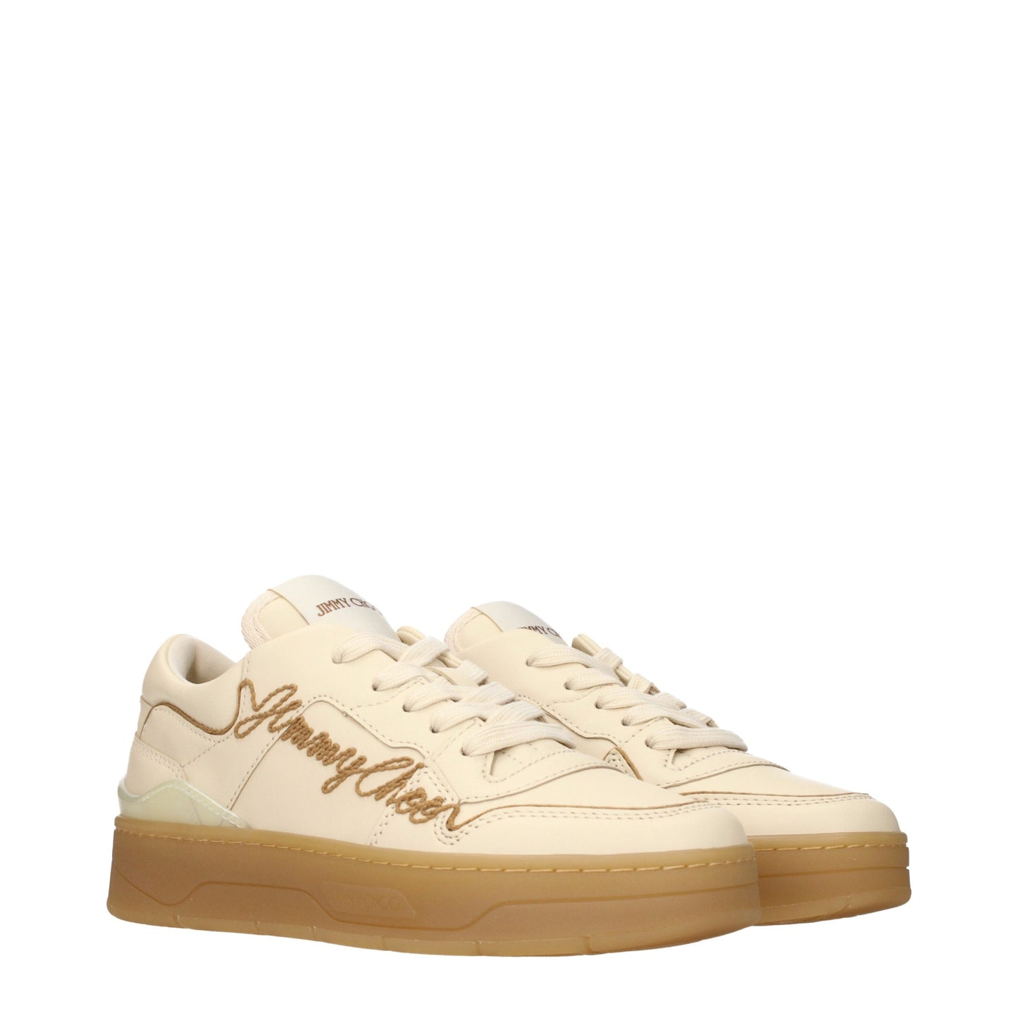 Sneakers by Jimmy Choo for women in leather beige presents a sumptuous silhouette, artfully capturing the essence of the Women's Low Top Leather Sneakers with its sumptuous low-top style design.