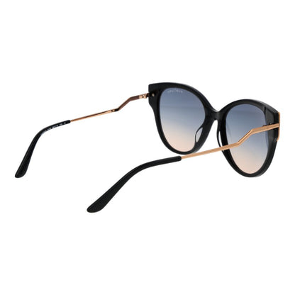 Sunglasses by Marciano by Guess for women in acetate black features a sumptuous silhouette, showcasing a sumptuous butterfly full-rim frame design in black coloured frame with high-performance gradient category-2-medium-tint lens.