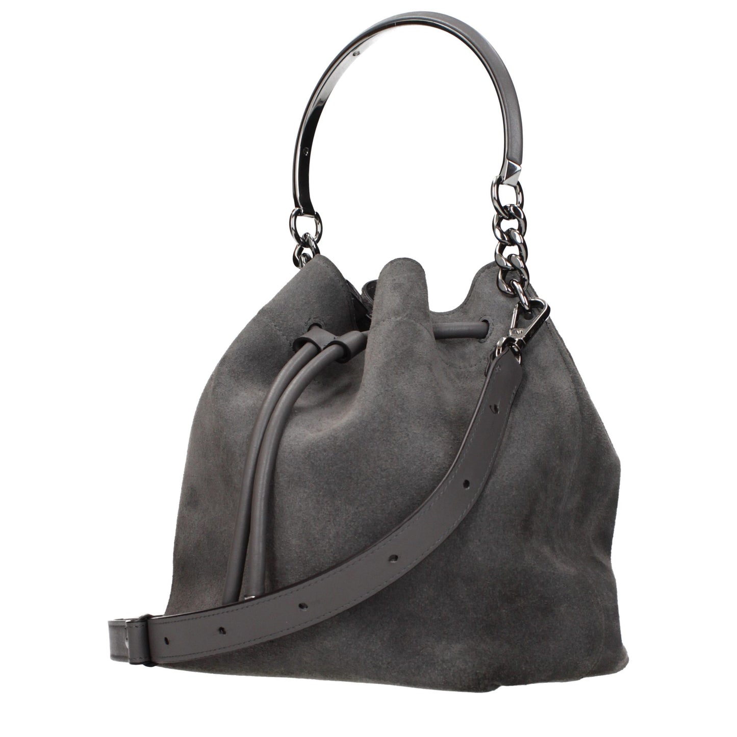 Handbag by Jimmy Choo for women in suede leather gray features a signature silhouette, showcasing a secure and signature with versatile adjustable-strap for a sophisticated look.