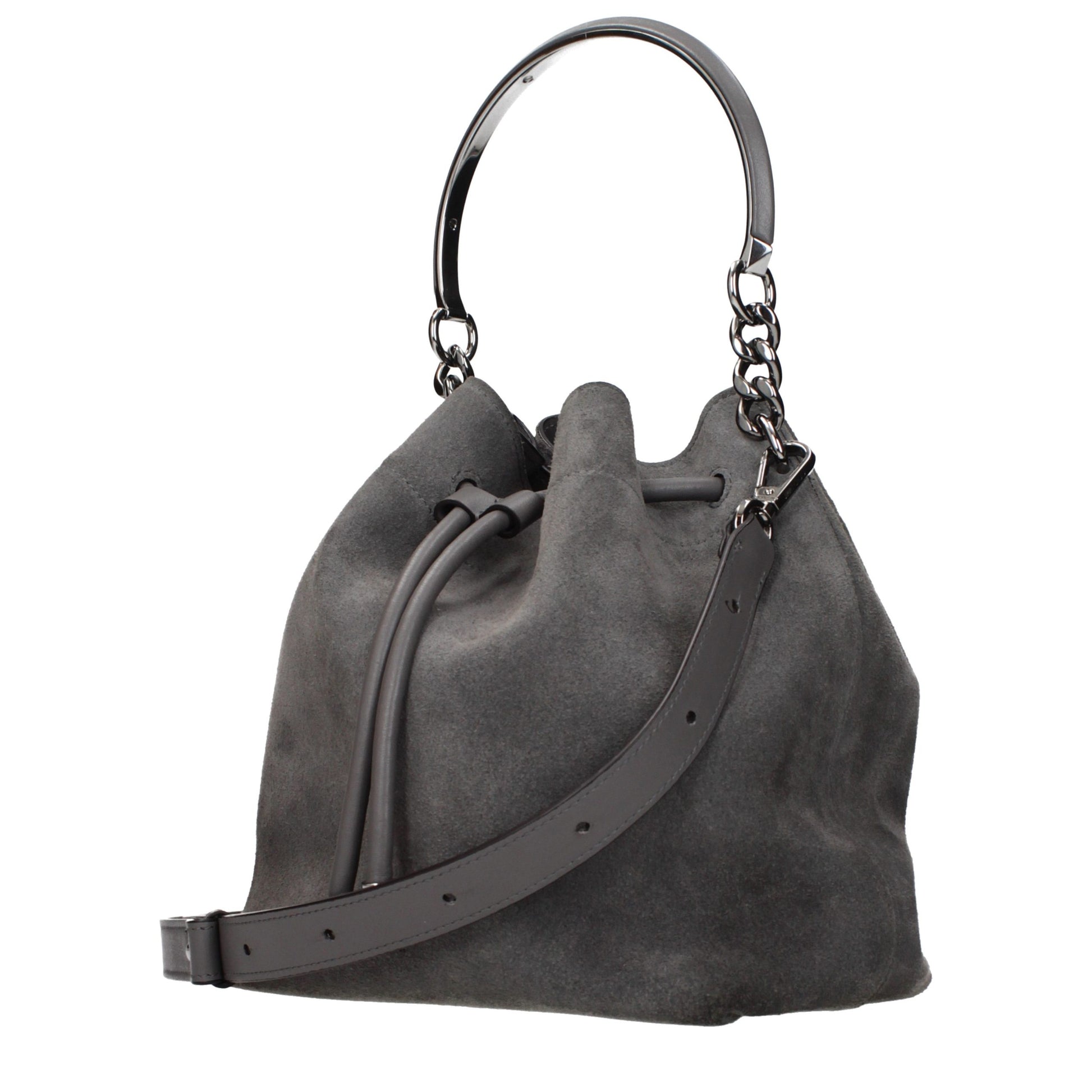 Handbag by Jimmy Choo for women in suede leather gray features a signature silhouette, showcasing a secure and signature with versatile adjustable-strap for a sophisticated look.