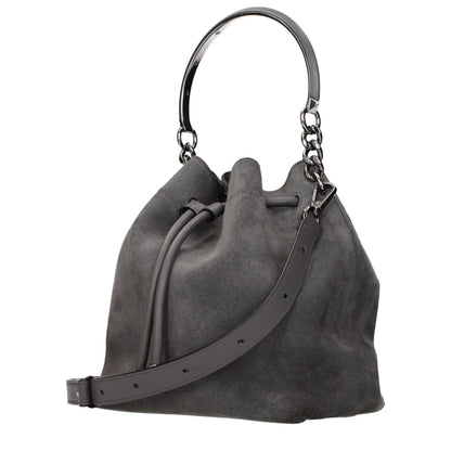 Handbag by Jimmy Choo for women in suede leather gray features a signature silhouette, showcasing a secure and signature with versatile adjustable-strap for a sophisticated look.