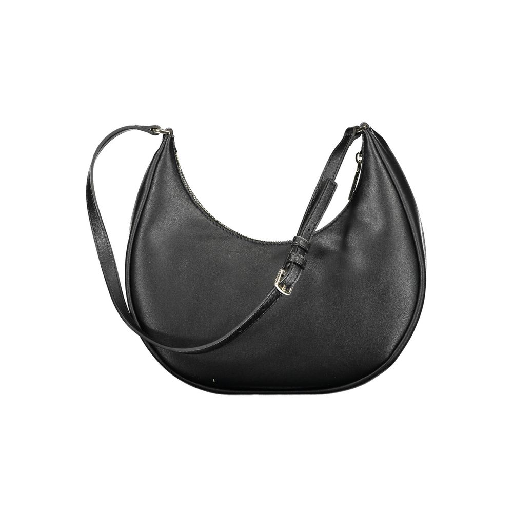 Evening Shoulder Handbag by Calvin Klein for women in polyester & polyurethane black features an refined silhouette, showcasing a secure zipper, ample internal-pockets, and versatile shoulder-strap for a sophisticated refined aesthetic.