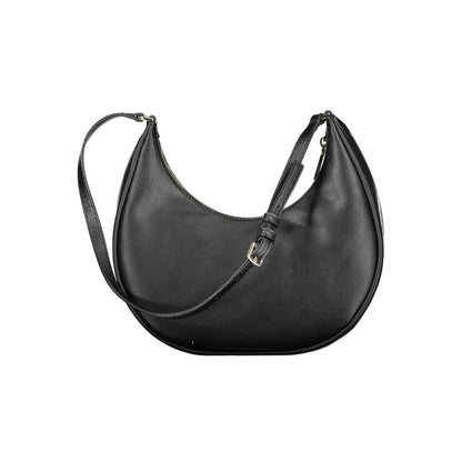 Evening Shoulder Handbag by Calvin Klein for women in polyester & polyurethane black features an refined silhouette, showcasing a secure zipper, ample internal-pockets, and versatile shoulder-strap for a sophisticated refined aesthetic.