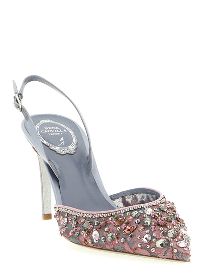 High-Heel Stiletto Slingback Pumps Heels by RENE CAOVILLA for women in leather satin & glass gray, gold, multicolor, pink, silver & transparent features a effortless chic silhouette, showcasing the Women's Leather Satin & Glass High-Heel Stiletto Slingback Pumps Heels design with a effortless chic stiletto high-heel and pointed toe style for a effortless chic finish.