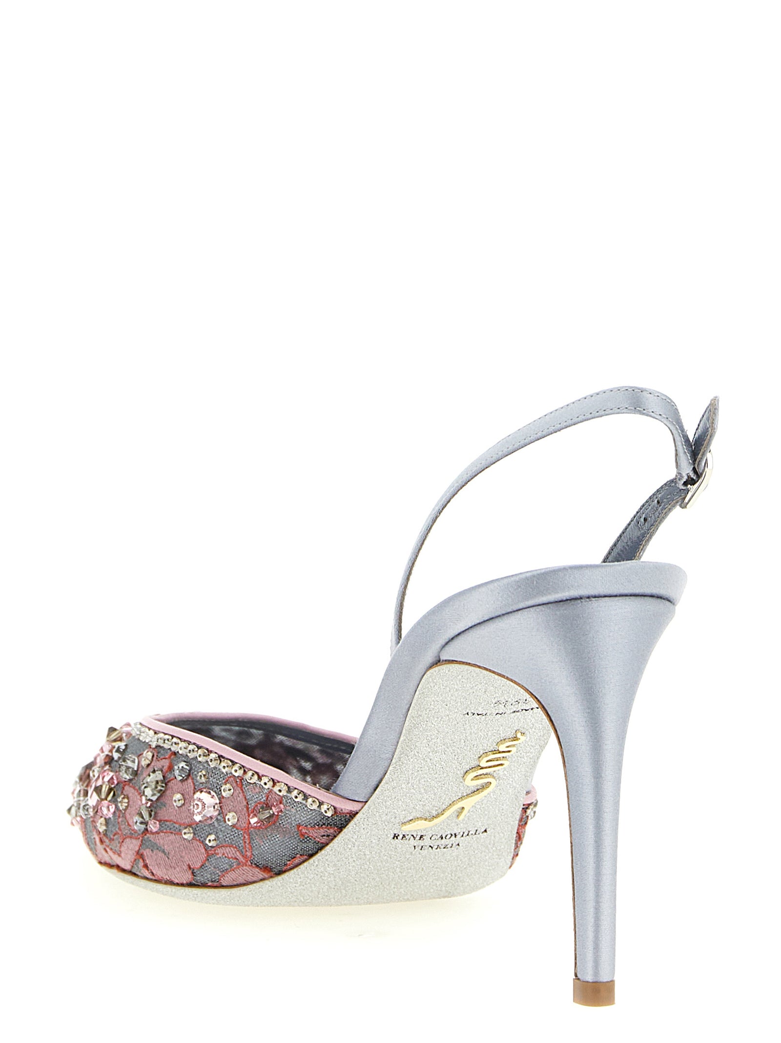 High-Heel Stiletto Slingback Pumps Heels by RENE CAOVILLA for women in leather satin & glass gray, gold, multicolor, pink, silver & transparent features a effortlessly chic Women's Leather Satin & Glass High-Heel Stiletto Slingback Pumps Heels design with a sophisticated stiletto high-heel and elegant pointed toe style.