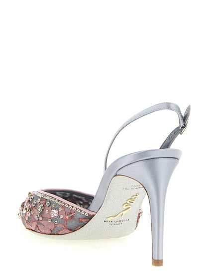 High-Heel Stiletto Slingback Pumps Heels by RENE CAOVILLA for women in leather satin & glass gray, gold, multicolor, pink, silver & transparent features a effortlessly chic Women's Leather Satin & Glass High-Heel Stiletto Slingback Pumps Heels design with a sophisticated stiletto high-heel and elegant pointed toe style.