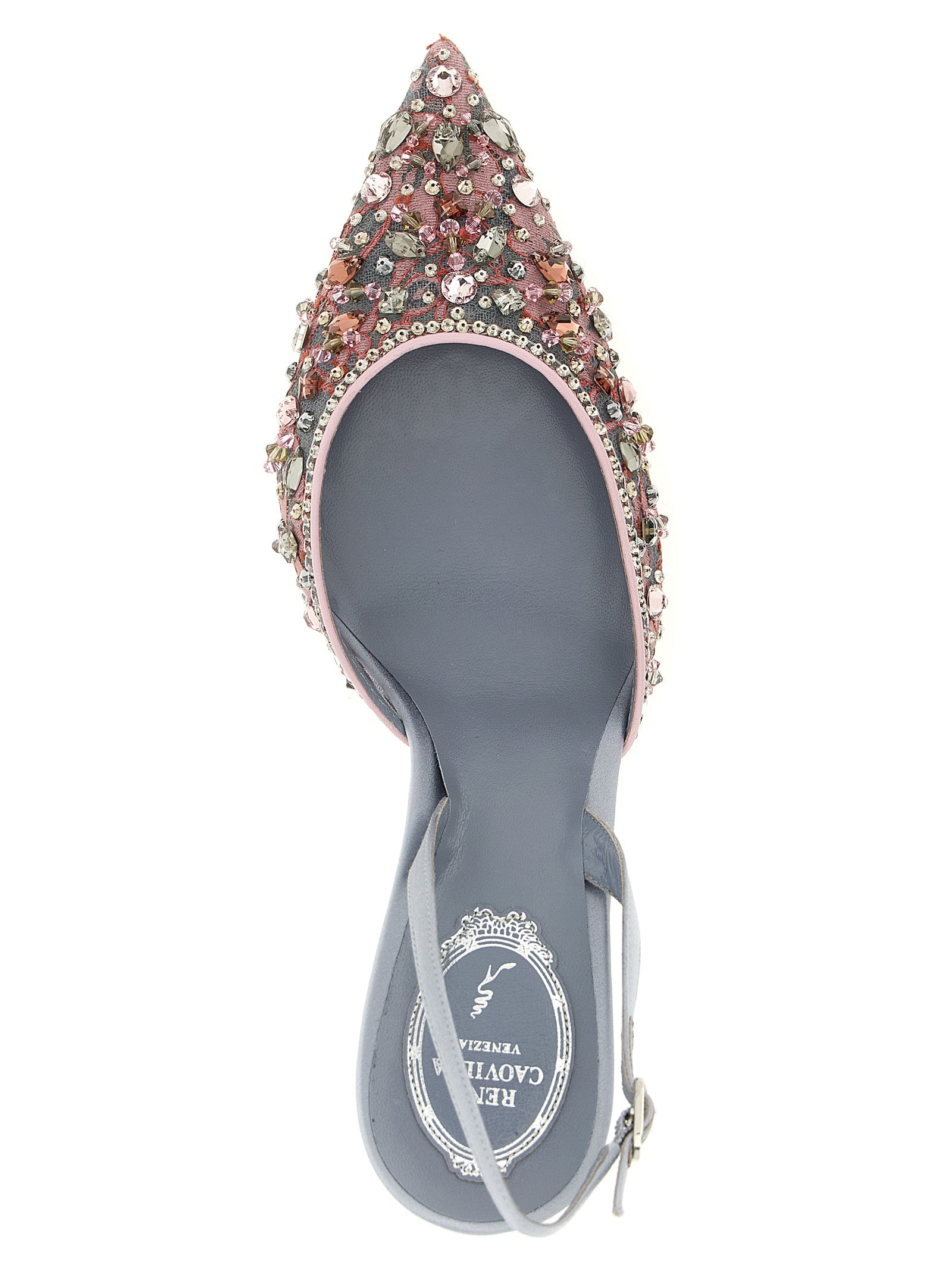 High-Heel Stiletto Slingback Pumps Heels by RENE CAOVILLA for women in leather satin & glass gray, gold, multicolor, pink, silver & transparent features an captivating silhouette, showcasing the elegant Women's Leather Satin & Glass High-Heel Stiletto Slingback Pumps Heels design with a stiletto high-heel and a sophisticated pointed toe style.