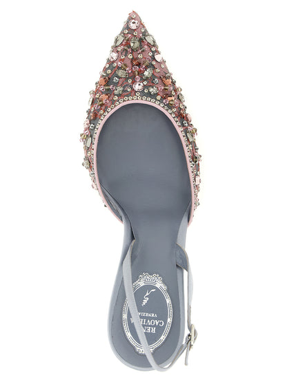 High-Heel Stiletto Slingback Pumps Heels by RENE CAOVILLA for women in leather satin & glass gray, gold, multicolor, pink, silver & transparent features an captivating silhouette, showcasing the elegant Women's Leather Satin & Glass High-Heel Stiletto Slingback Pumps Heels design with a stiletto high-heel and a sophisticated pointed toe style.