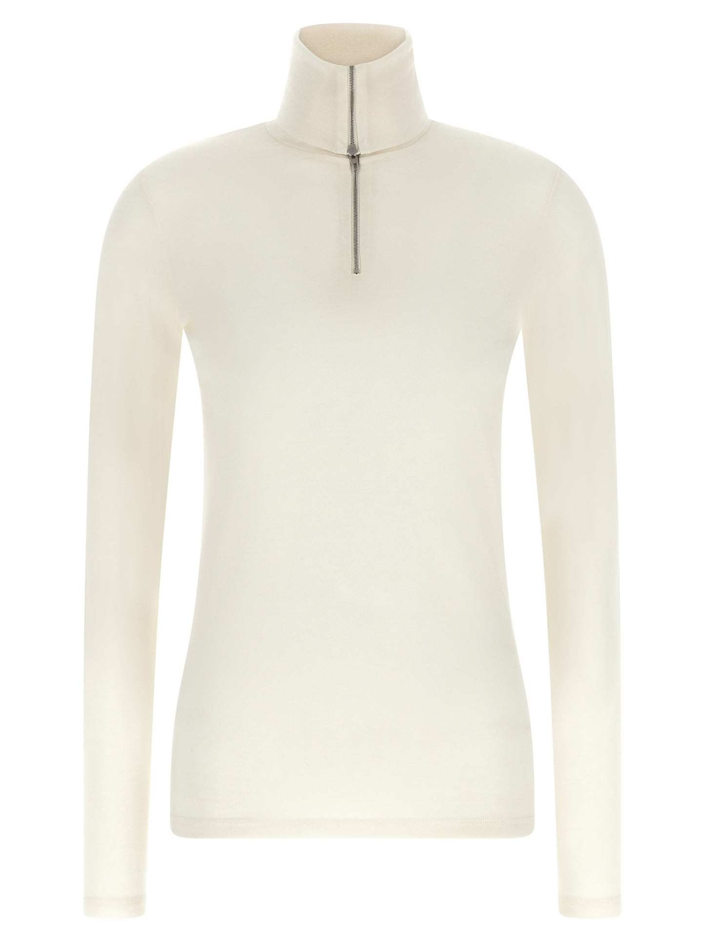 Cardigan by Jil Sander for women in polyester & virgin wool ivory & white showcases a luxurious silhouette, meticulously detailed with a sophisticated high-neck neckline and for a refined finish.