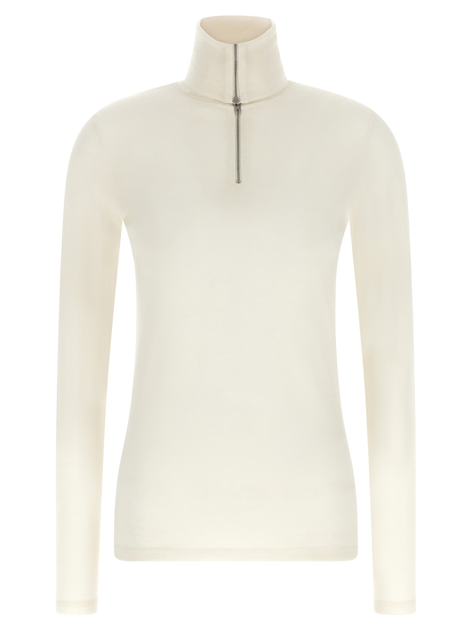 Cardigan by Jil Sander for women in polyester & virgin wool ivory & white showcases a luxurious silhouette, meticulously detailed with a sophisticated high-neck neckline and for a refined finish.