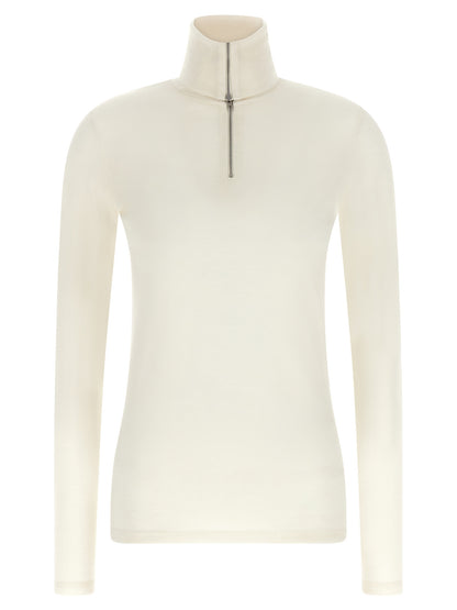 Cardigan by Jil Sander for women in polyester & virgin wool ivory & white showcases a luxurious silhouette, meticulously detailed with a sophisticated high-neck neckline and for a refined finish.
