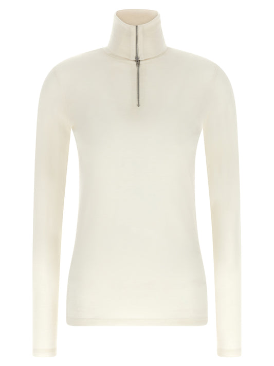 Cardigan by Jil Sander for women in polyester & virgin wool ivory & white showcases a luxurious silhouette, meticulously detailed with a sophisticated high-neck neckline and for a refined finish.
