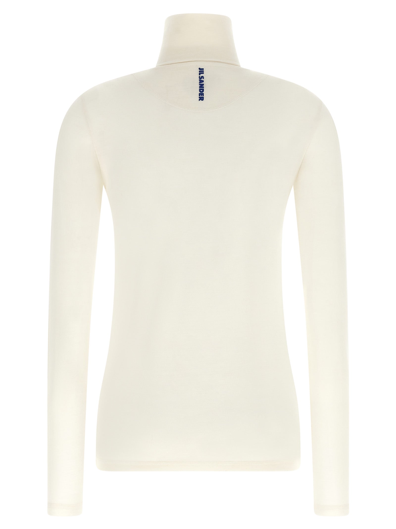 Cardigan by Jil Sander for women in polyester & virgin wool ivory & white showcases a captivating silhouette, artfully detailed with a captivating and high-neck neckline for a truly sophisticated captivating look.