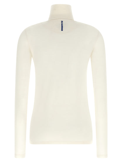 Cardigan by Jil Sander for women in polyester & virgin wool ivory & white showcases a captivating silhouette, artfully detailed with a captivating and high-neck neckline for a truly sophisticated captivating look.