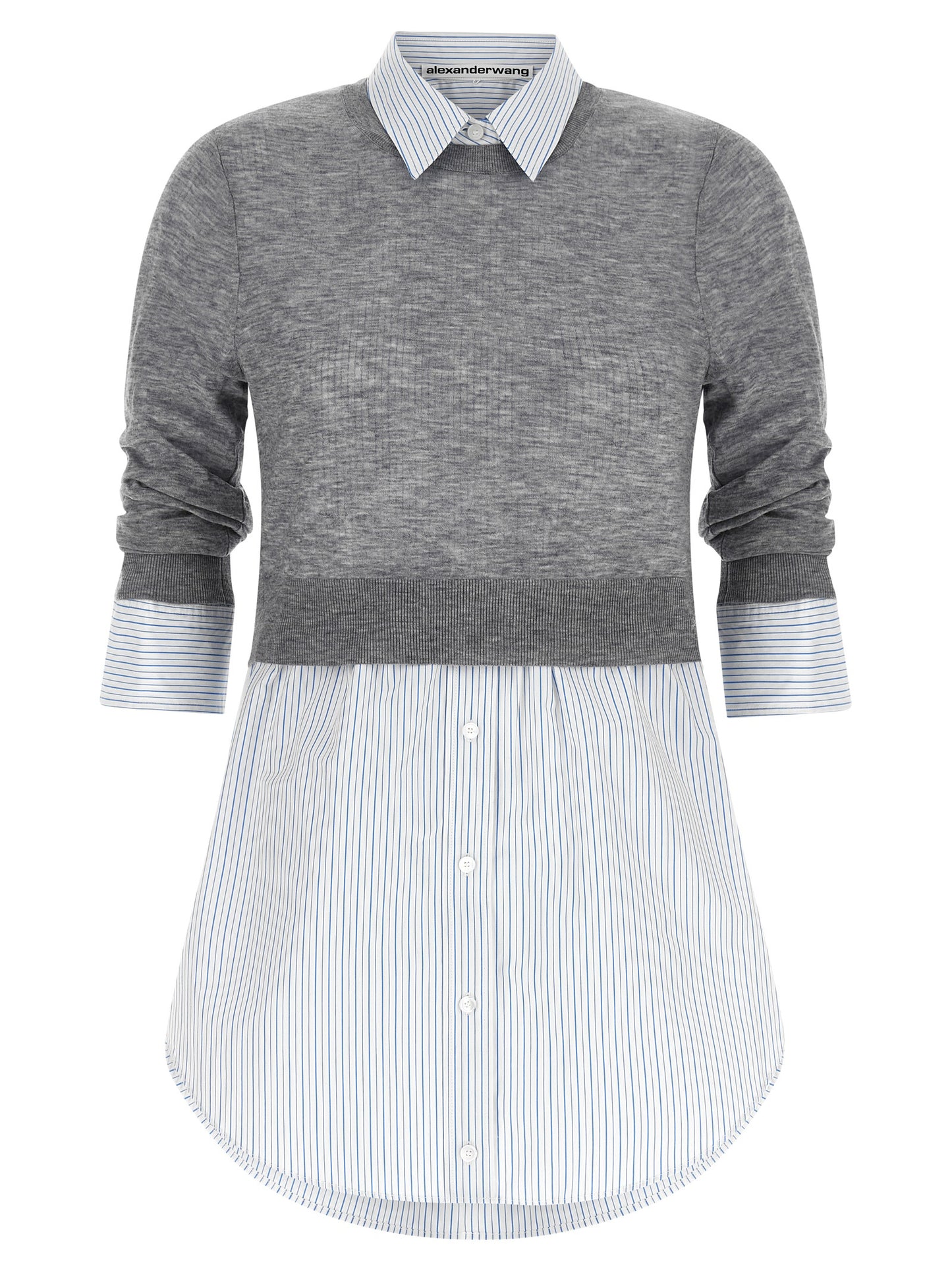 Blouse by Alexander Wang for women in cotton canvas & wool gray, transparent, signature & striped showcases a sharp silhouette, elegantly detailed with a sharp crew neckline and sharp .