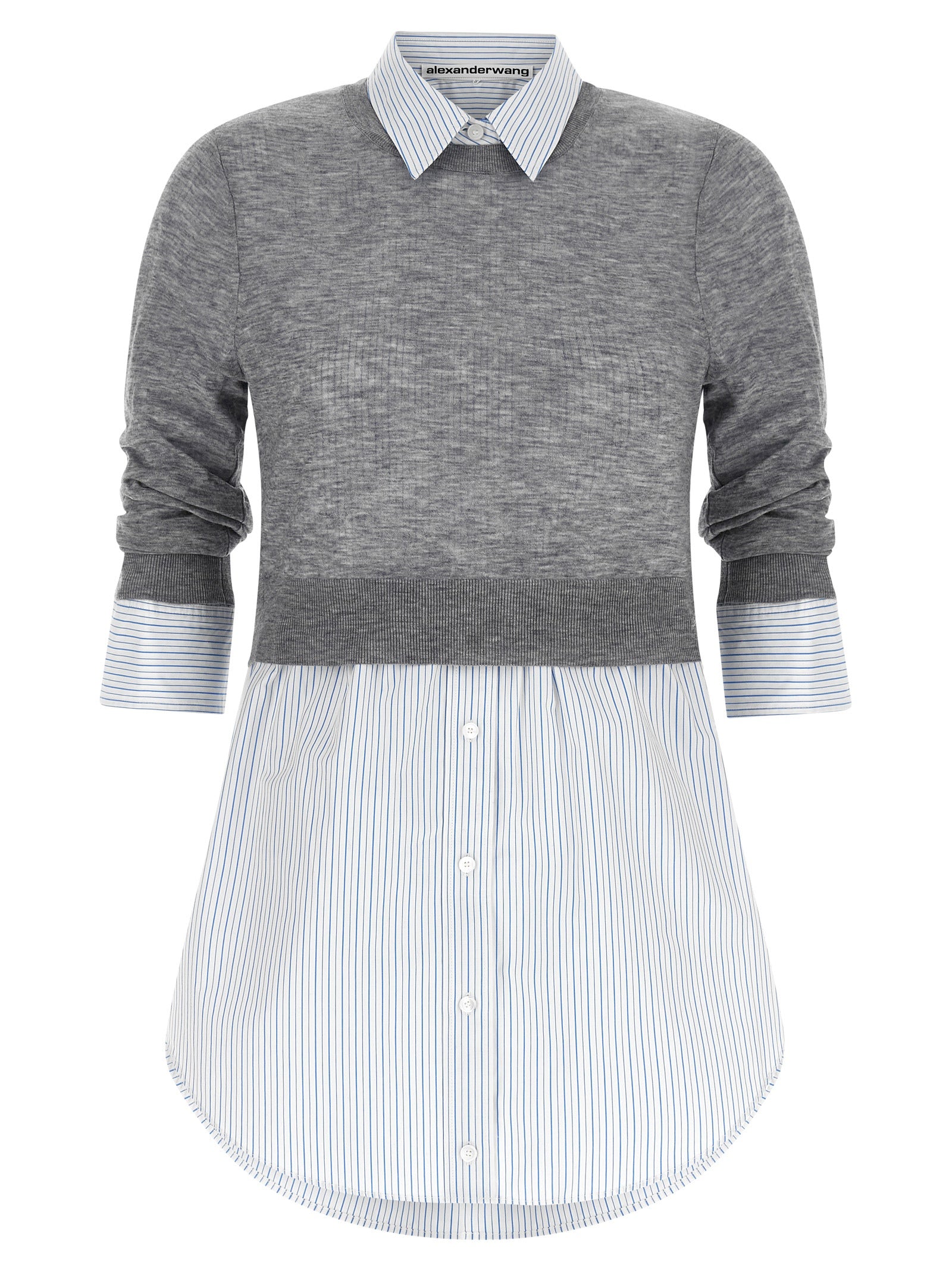 Blouse by Alexander Wang for women in cotton canvas & wool gray, transparent, signature & striped showcases a sharp silhouette, elegantly detailed with a sharp crew neckline and sharp .