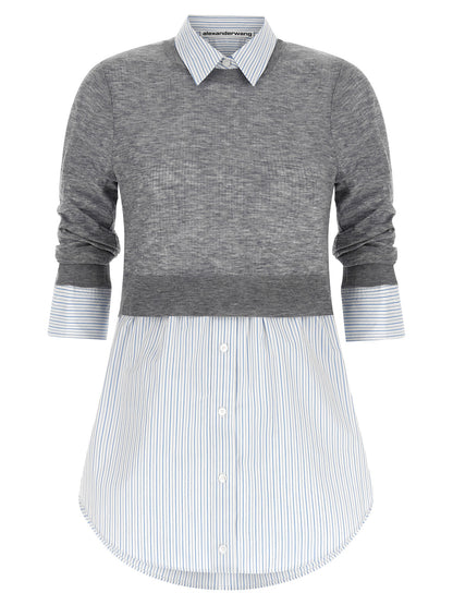 Blouse by Alexander Wang for women in cotton canvas & wool gray, transparent, signature & striped showcases a sharp silhouette, elegantly detailed with a sharp crew neckline and sharp .