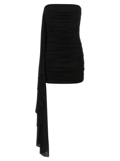 Dress by Alexander Wang for women in stretch cupro black & copper features an eye catching silhouette with a sophisticated strapless neckline, elegant , and a refined short mini for a eye catching aesthetic.