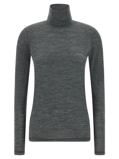 Activewear T-Shirt by Jil Sander for women in polyester & virgin wool blue & gray presents a kinetic silhouette, showcasing the kinetic long-sleeve and high-neck neckline alongside functional for a premium, athletic look.