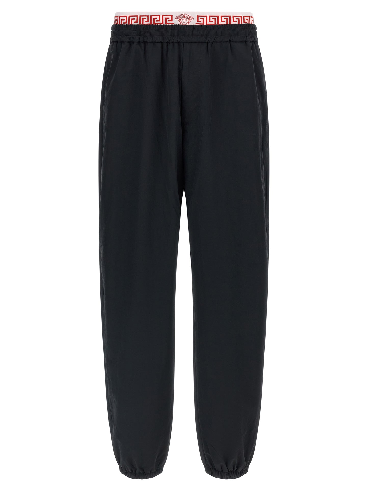 Joggers by Versace for men in polyamide black, gold & patterned presents a refined pantology silhouette, artfully defined by a refined pantology , long, and a sophisticated .