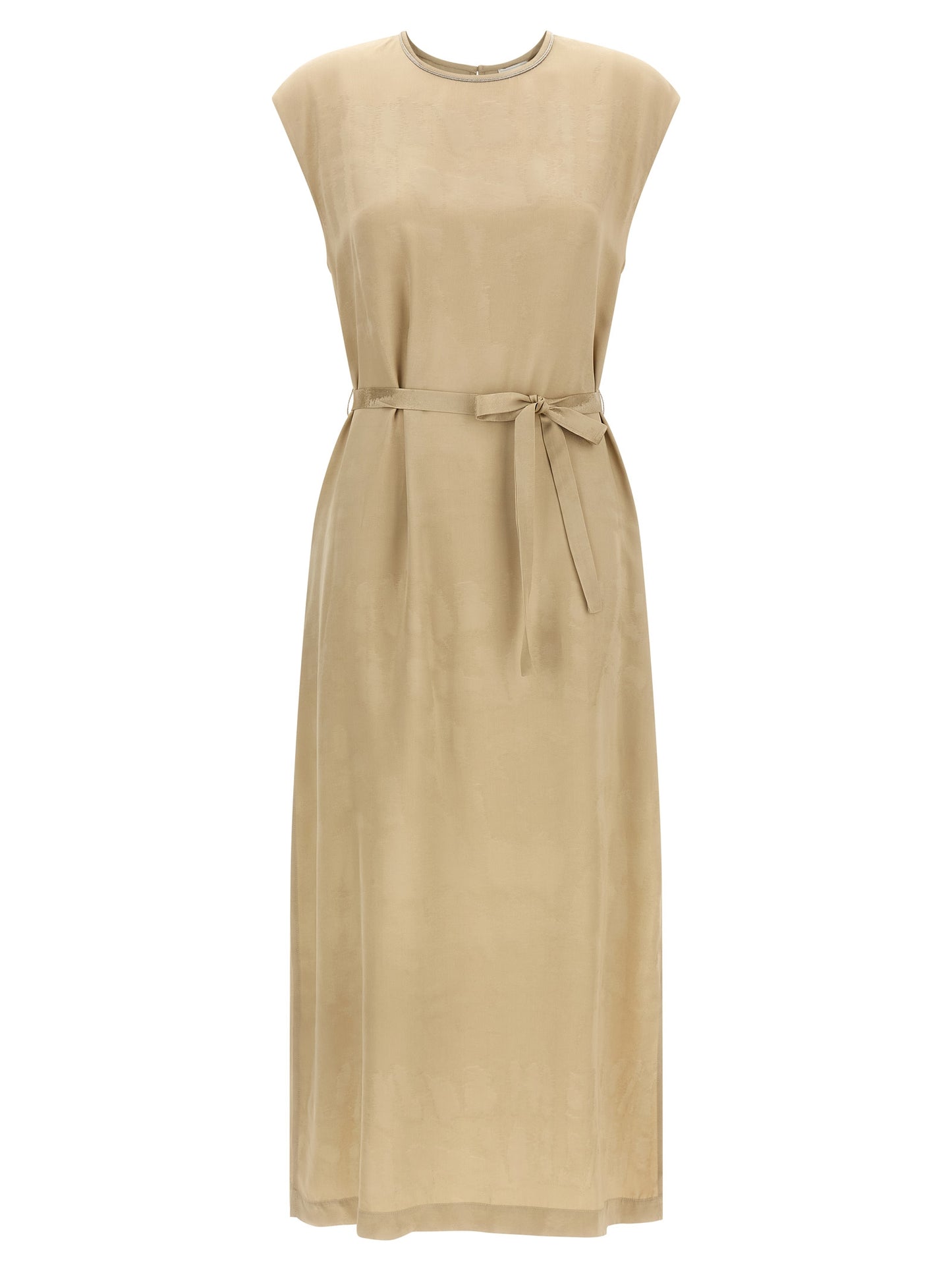Dress by Peserico for women in viscose beige & patterned features an sultry silhouette defined by a round neckline and sleeveless, falling to an sultry midi for a sultry look.