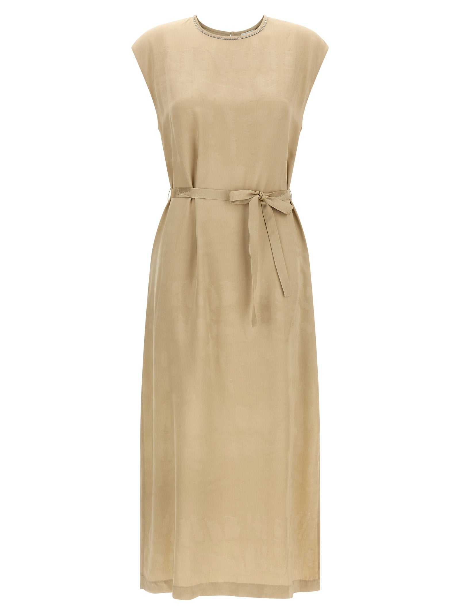 Dress by Peserico for women in viscose beige & patterned features an sultry silhouette defined by a round neckline and sleeveless, falling to an sultry midi for a sultry look.