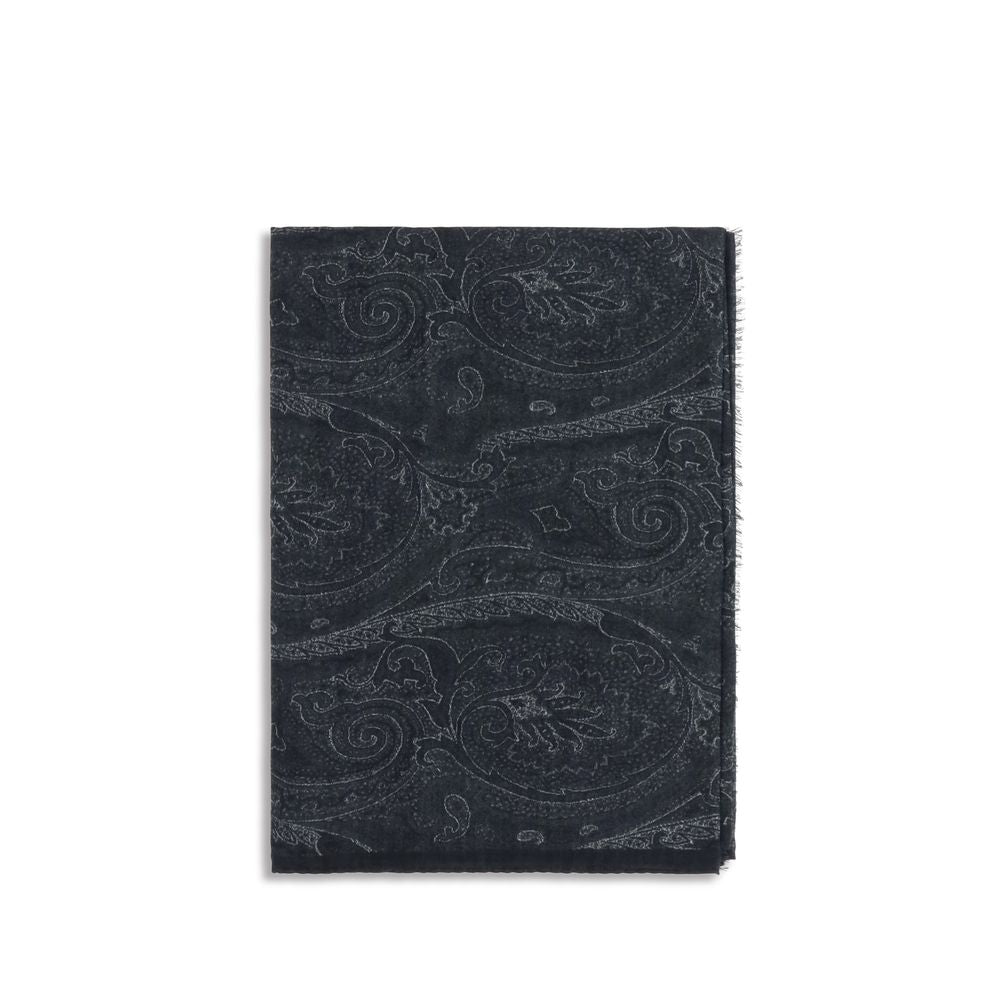 Scarf by Etro for men in modal cashmere & capra leather black, paisley & print presents a effortlessly chic silhouette, artfully capturing the essence of the effortlessly chic Modal Cashmere & Capra Leather Scarf design for a sophisticated look.