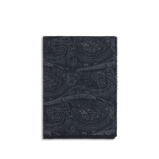 Scarf by Etro for men in modal cashmere & capra leather black, paisley & print presents a effortlessly chic silhouette, artfully capturing the essence of the effortlessly chic Modal Cashmere & Capra Leather Scarf design for a sophisticated look.