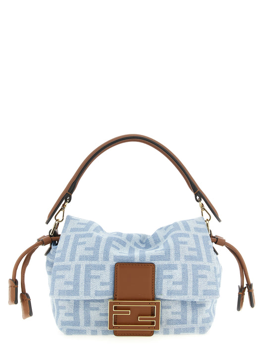 Fendi Mamma Polyester & Denim Cotton Small Flap Baguette Handbag - Brown Gold Light Blue Monogram