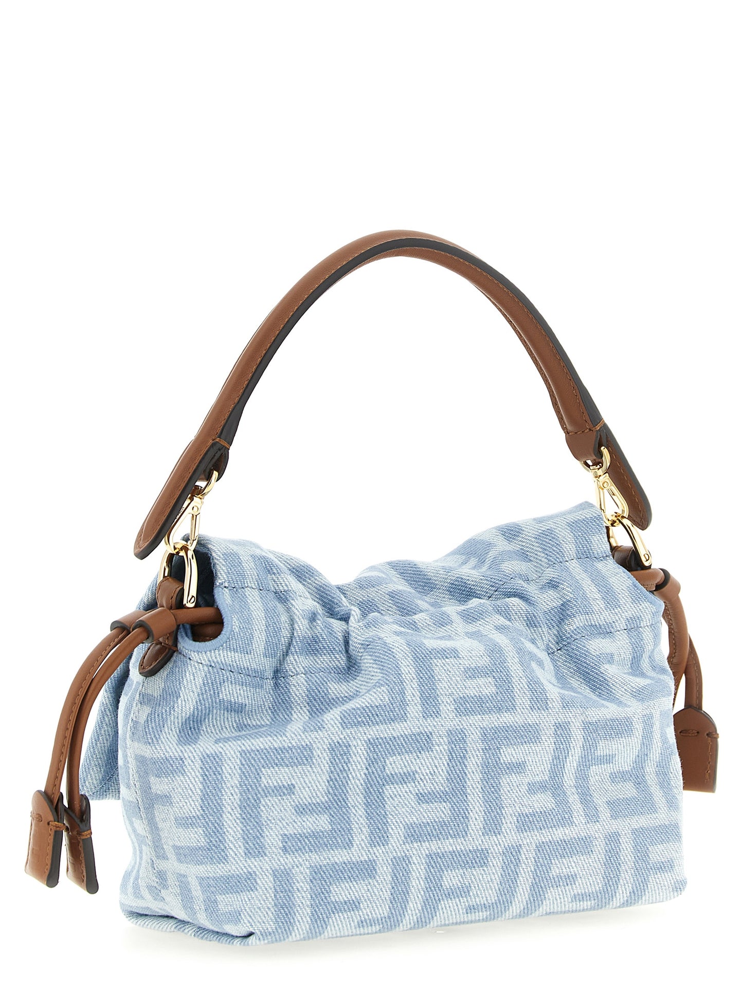 Fendi Mamma Polyester & Denim Cotton Small Flap Baguette Handbag - Brown Gold Light Blue Monogram