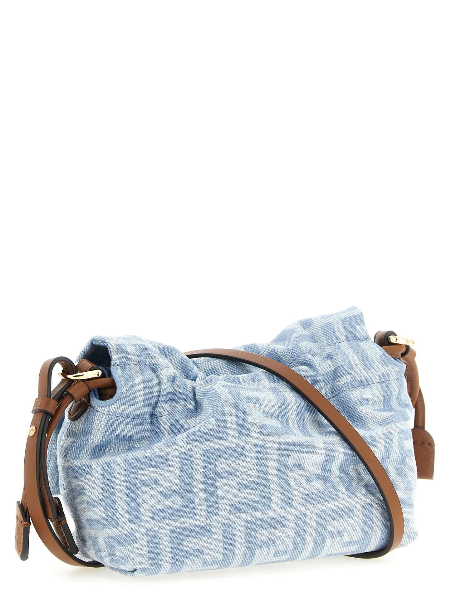 Fendi Mamma Polyester & Denim Cotton Small Flap Baguette Handbag - Brown Gold Light Blue Monogram