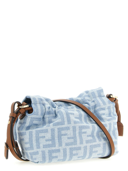 Fendi Mamma Polyester & Denim Cotton Small Flap Baguette Handbag - Brown Gold Light Blue Monogram